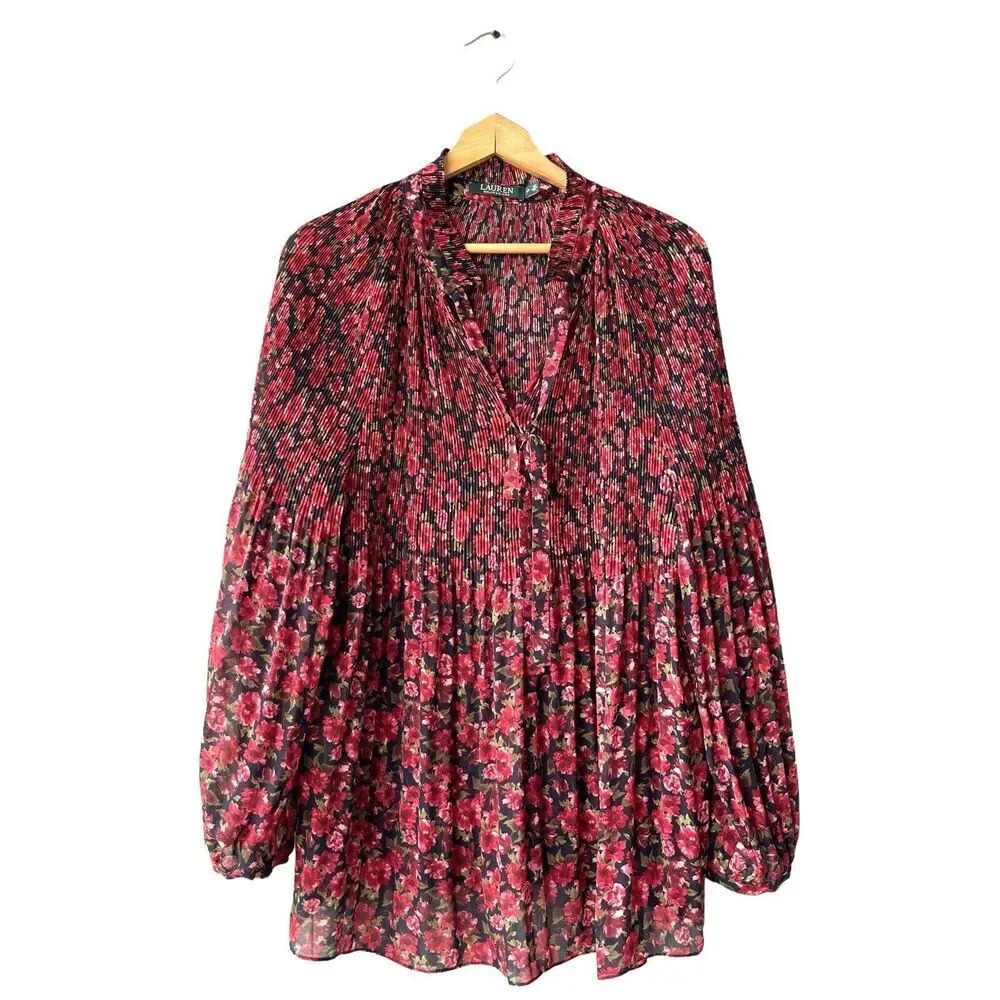 LAUREN RALPH LAUREN Tunic Top Women's Duong Sheer Pleated Floral Blouse Plus 2X